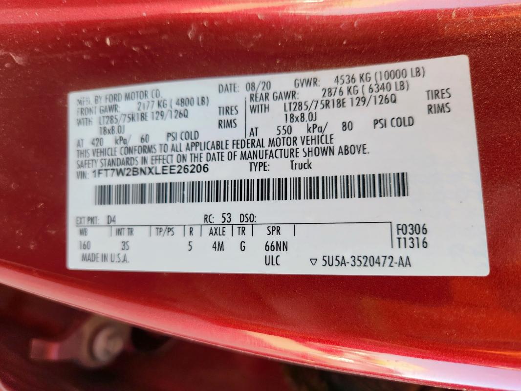 2020 FORD F250 SUPER 1FT7W2BNXLEE26206