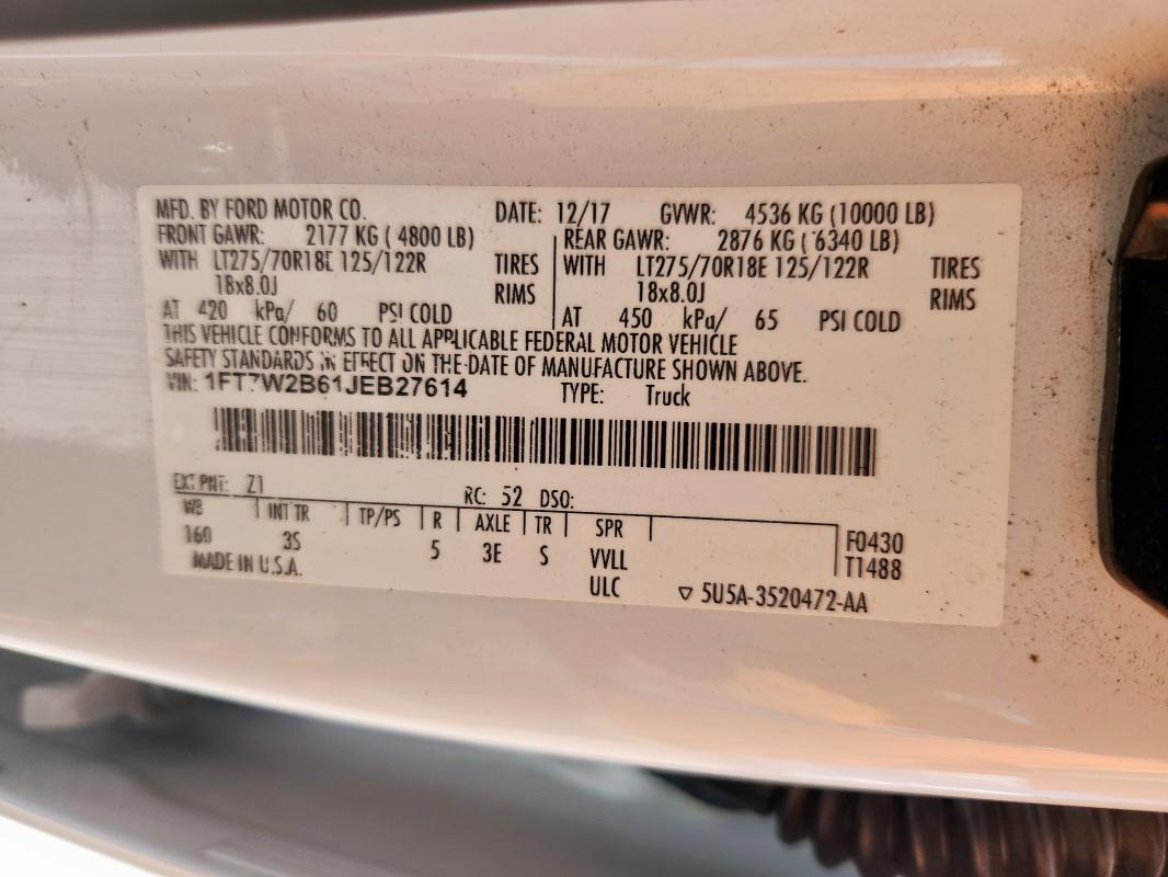 2018 FORD F250 SUPER 1FT7W2B61JEB27614