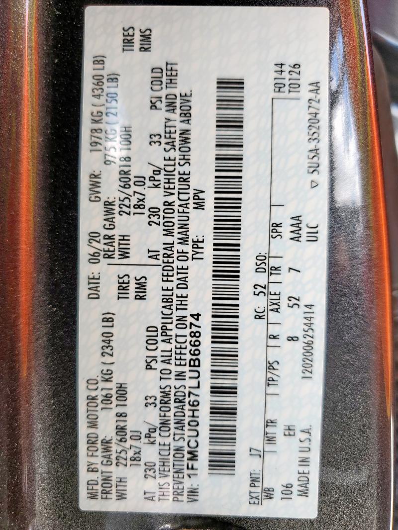 2020 FORD ESCAPE SEL 1FMCU0H67LUB66874