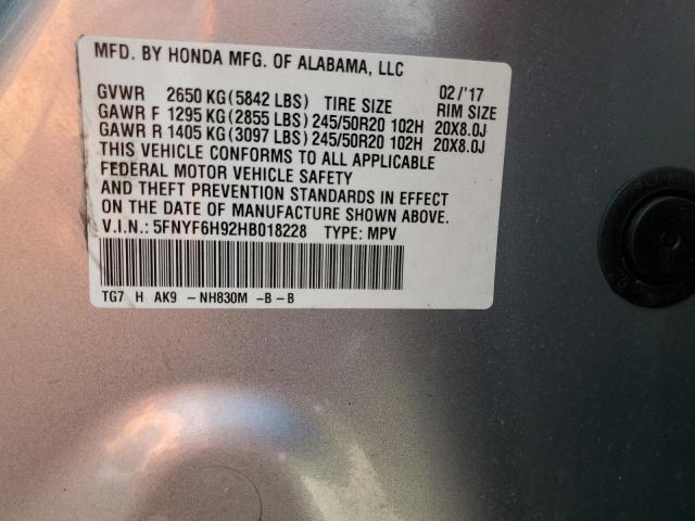 2017 HONDA PILOT TOUR 5FNYF6H92HB018228