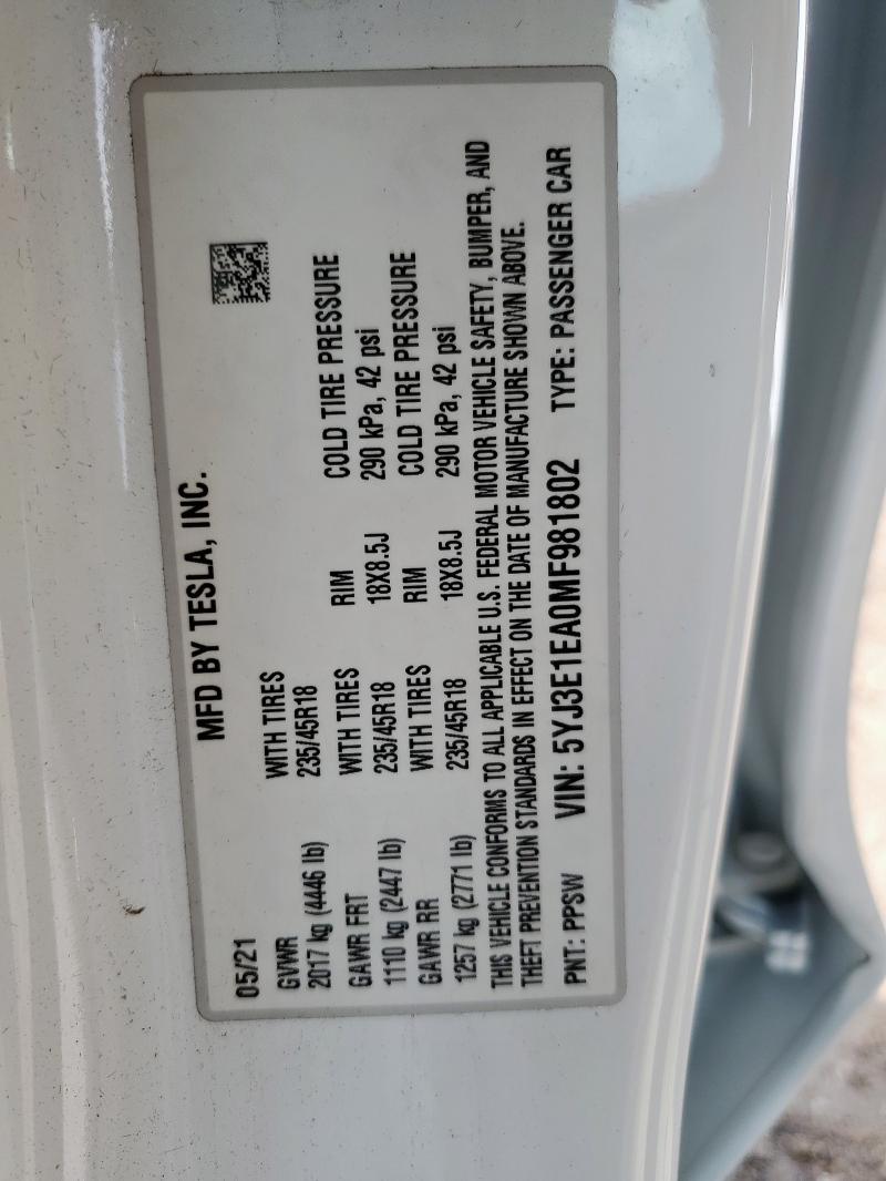2021 TESLA MODEL 3 - 5YJ3E1EA0MF981802