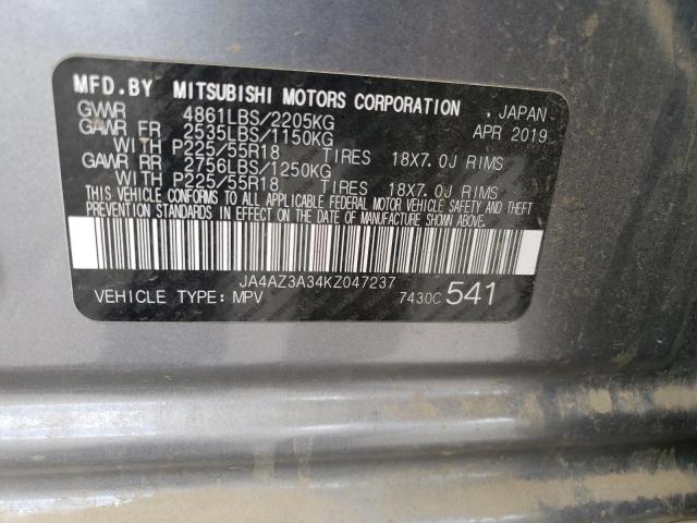 2019 MITSUBISHI OUTLANDER JA4AZ3A34KZ047237