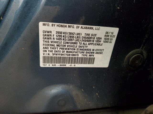 2016 HONDA PILOT EXLN 5FNYF6H77GB108679