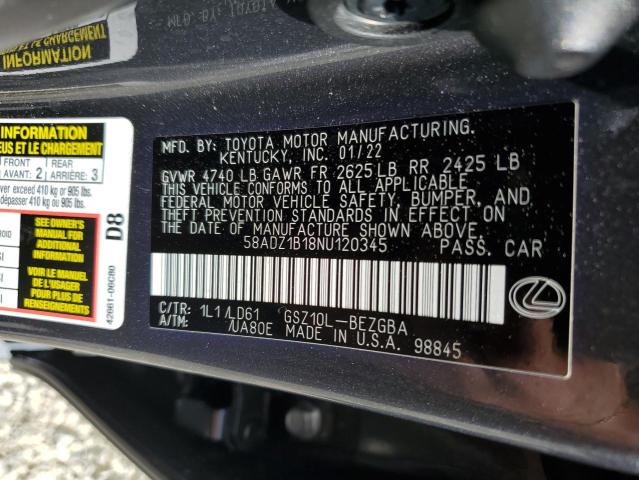 2022 LEXUS ES 350 BAS 58ADZ1B18NU120345