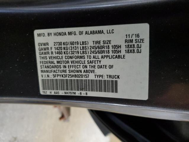 2017 HONDA RIDGELINE 5FPYK3F25HB020157