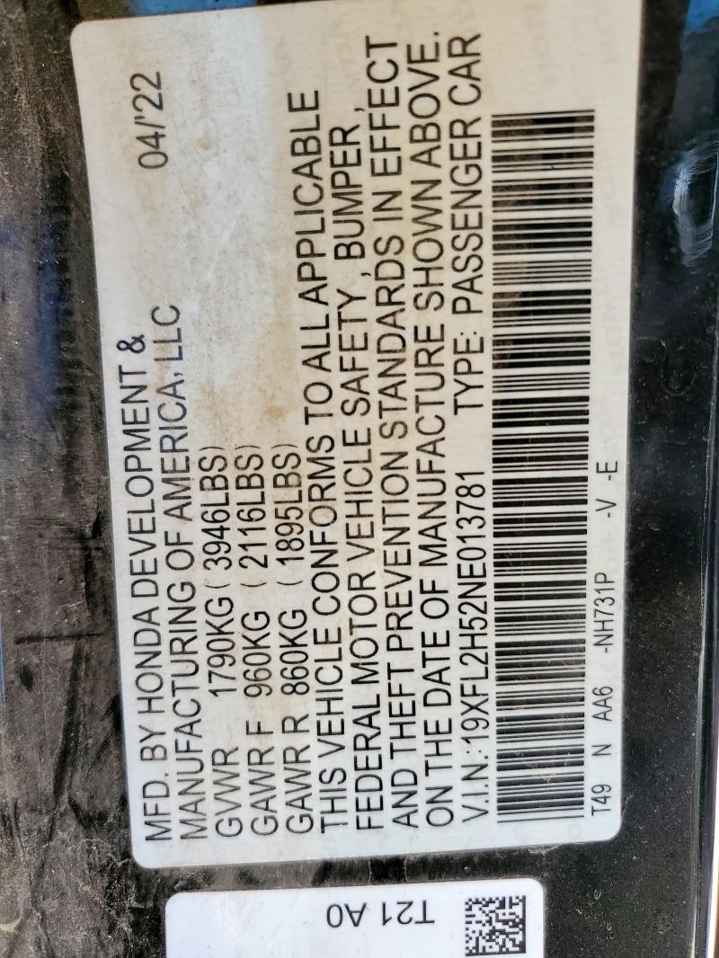 2022 HONDA CIVIC LX 19XFL2H52NE013781