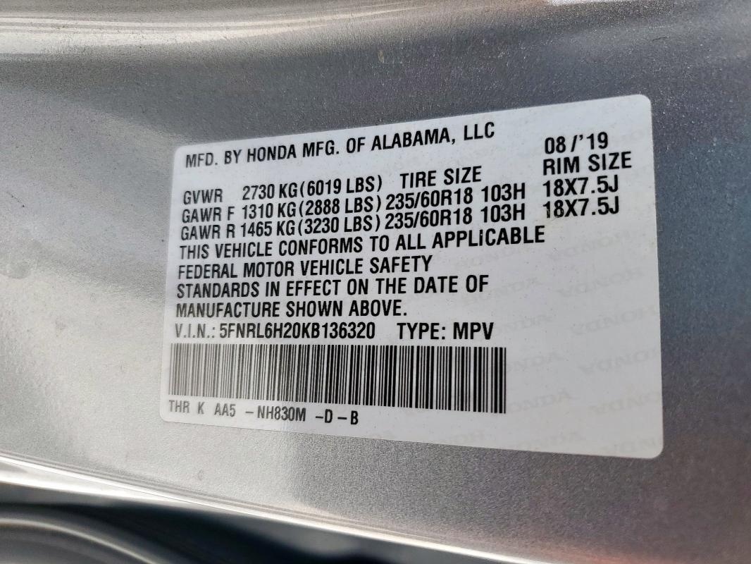2019 HONDA ODYSSEY LX 5FNRL6H20KB136320