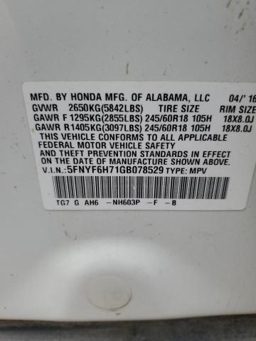 2016 HONDA PILOT EXLN 5FNYF6H71GB078529