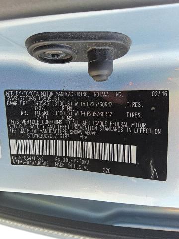 2016 TOYOTA SIENNA XLE 5TDYK3DC2GS716487