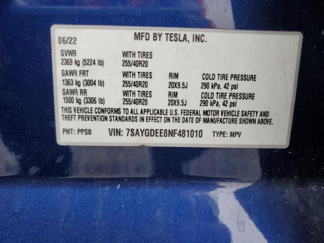 2022 TESLA MODEL Y 7SAYGDEE8NF481010