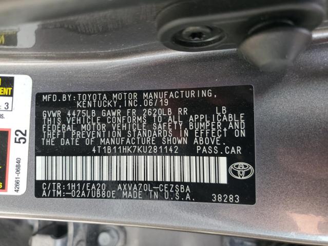 2019 TOYOTA CAMRY L 4T1B11HK7KU281142