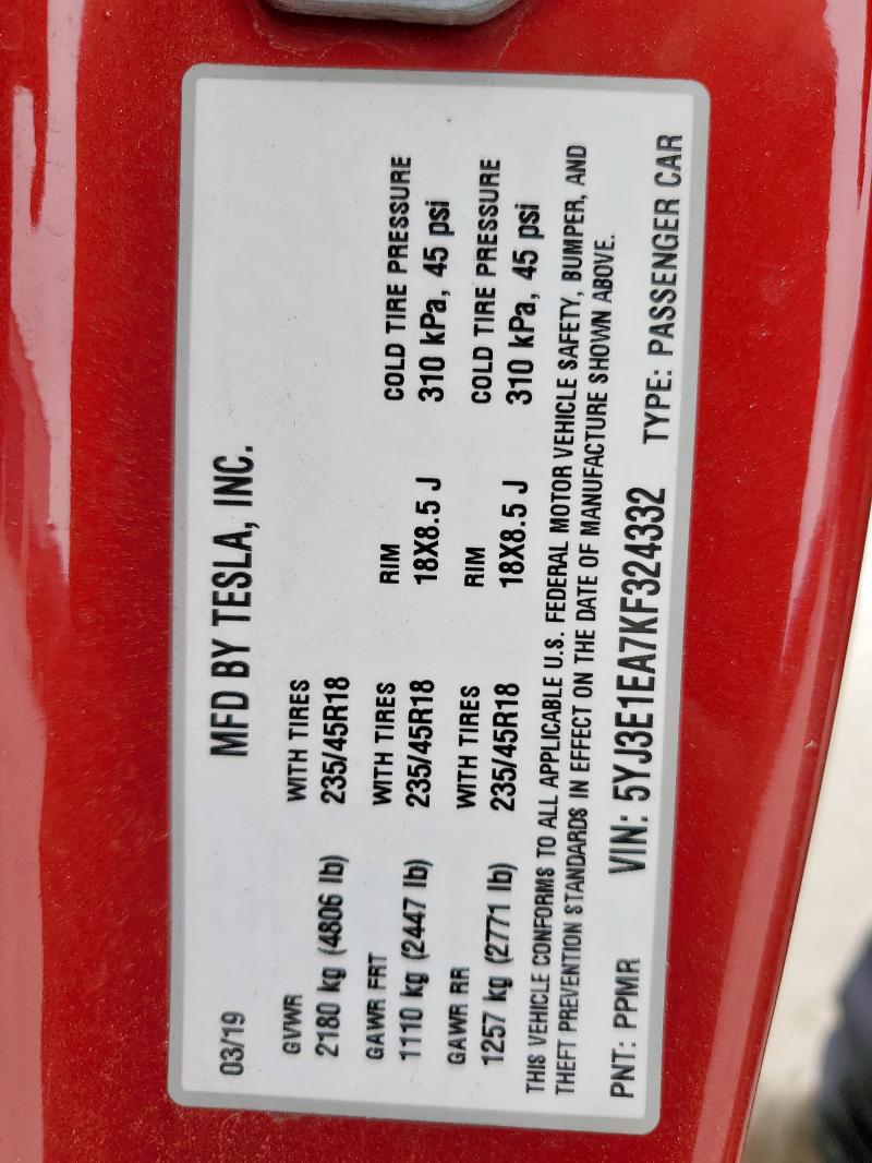 2019 TESLA MODEL 3 - 5YJ3E1EA7KF324332