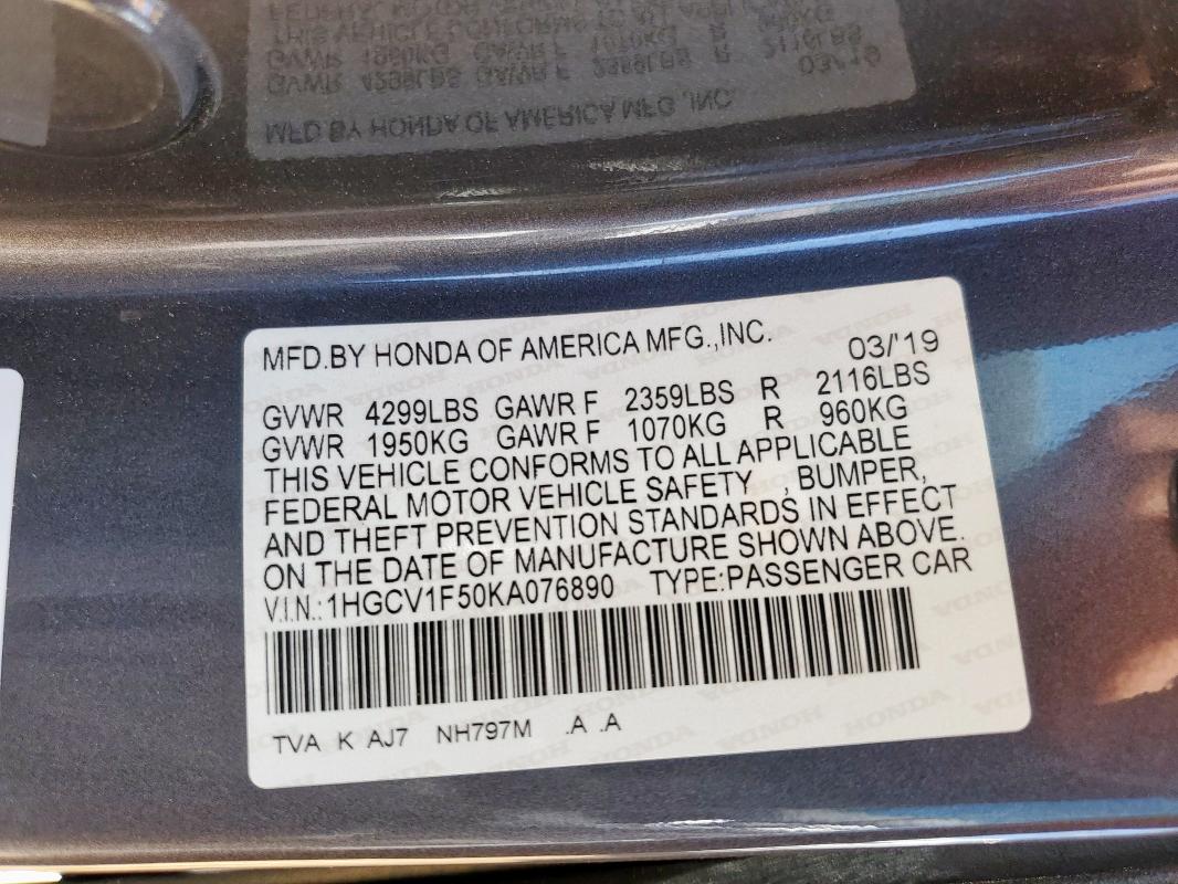2019 HONDA ACCORD EXL - 1HGCV1F50KA076890