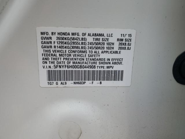 2016 HONDA PILOT ELIT 5FNYF6H00GB044908