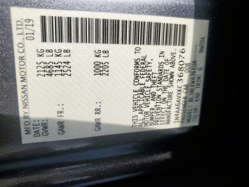 2019 NISSAN MAXIMA S 1N4AA6AVXKC368076