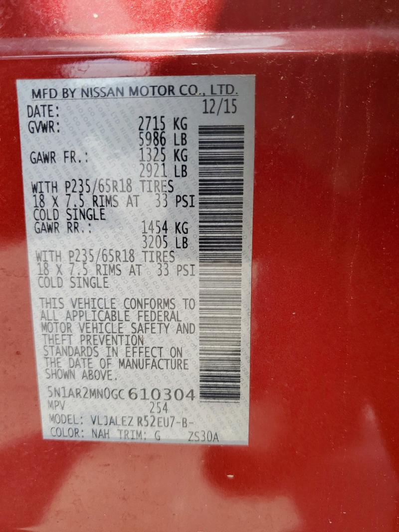 2016 NISSAN PATHFINDER 5N1AR2MN0GC610304