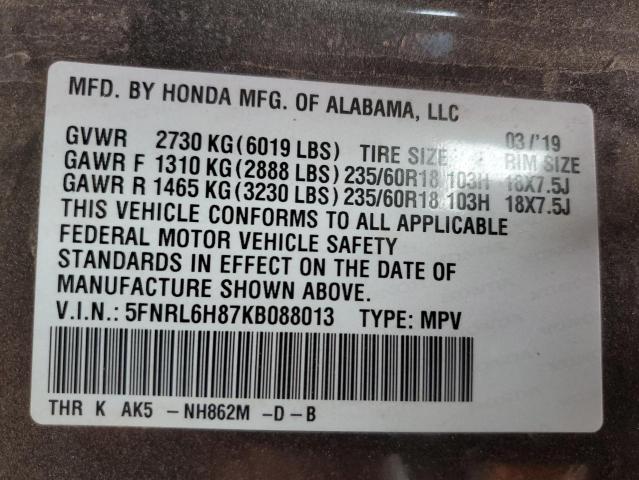 2019 HONDA ODYSSEY TO - 5FNRL6H87KB088013