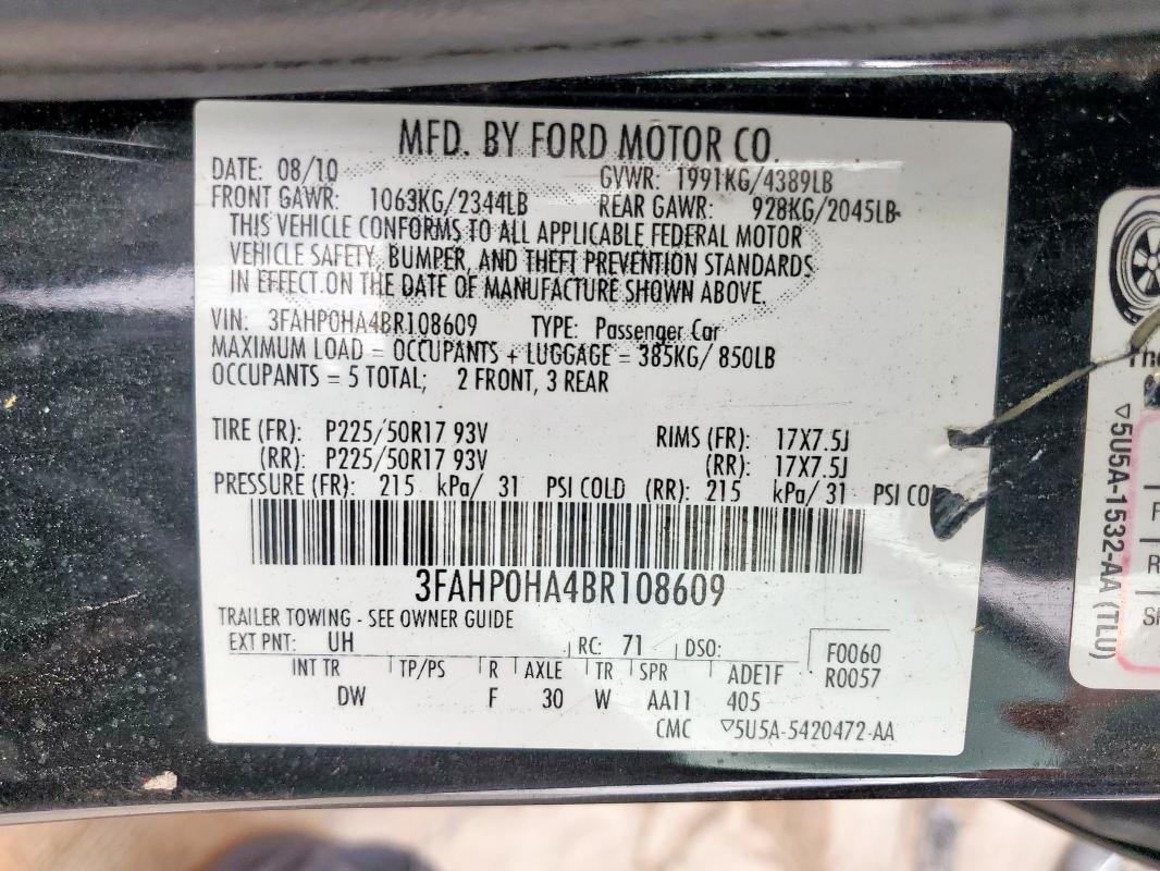 2011 FORD FUSION SE - 3FAHP0HA4BR108609