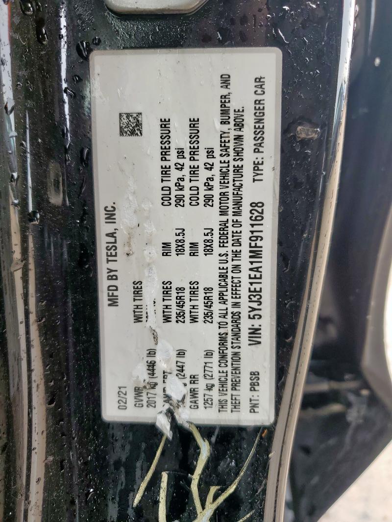 2021 TESLA MODEL 3 5YJ3E1EA1MF911628
