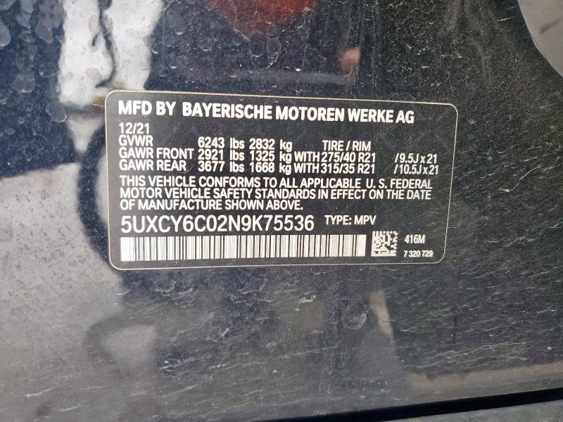 2022 BMW X6 XDRIVE4 5UXCY6C02N9K75536