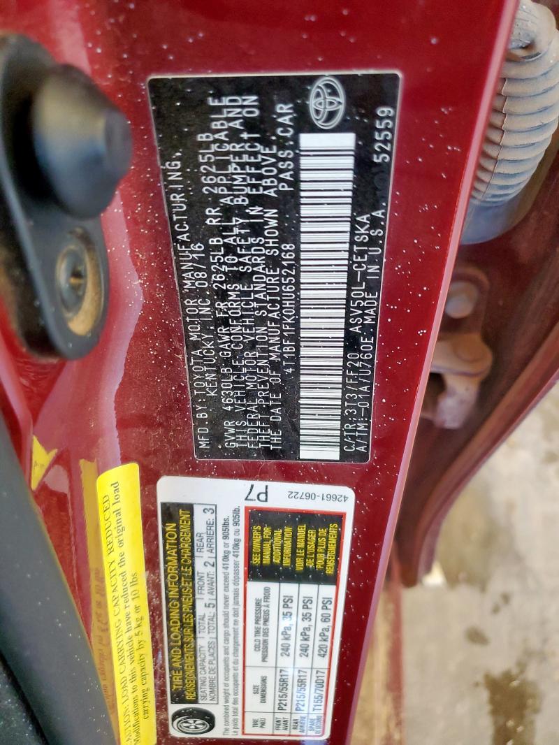 2017 TOYOTA CAMRY LE 4T1BF1FK0HU652168