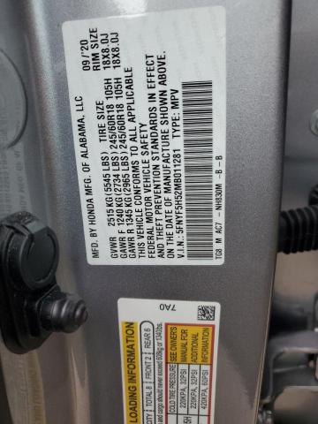 2021 HONDA PILOT EXL 5FNYF5H52MB011281