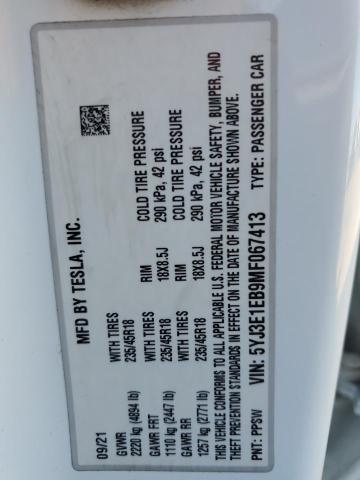 2021 TESLA MODEL 3 - 5YJ3E1EB9MF067413