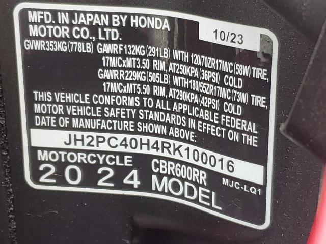 2024 HONDA CBR600 RR JH2PC40H4RK100016