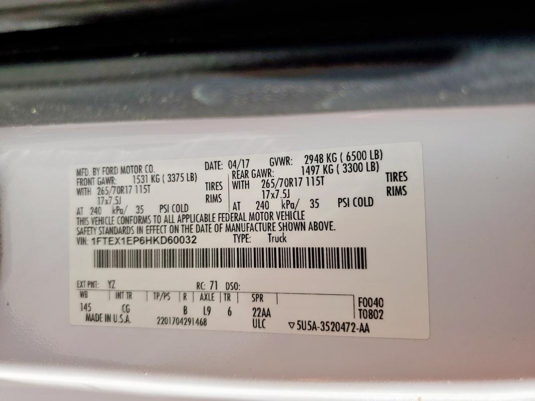 2017 FORD F150 SUPER - 1FTEX1EP6HKD60032