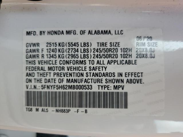 2021 HONDA PILOT TOUR 5FNYF5H62MB000533