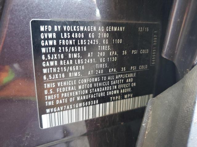 2016 VOLKSWAGEN TIGUAN S WVGAV7AX1GW569386