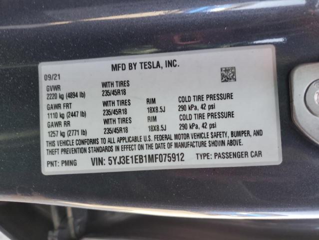 2021 TESLA MODEL 3 5YJ3E1EB1MF075912