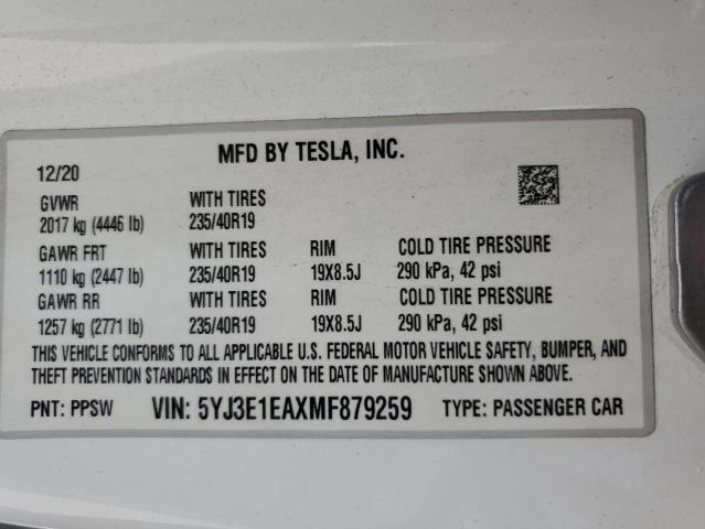 2021 TESLA MODEL 3 5YJ3E1EAXMF879259