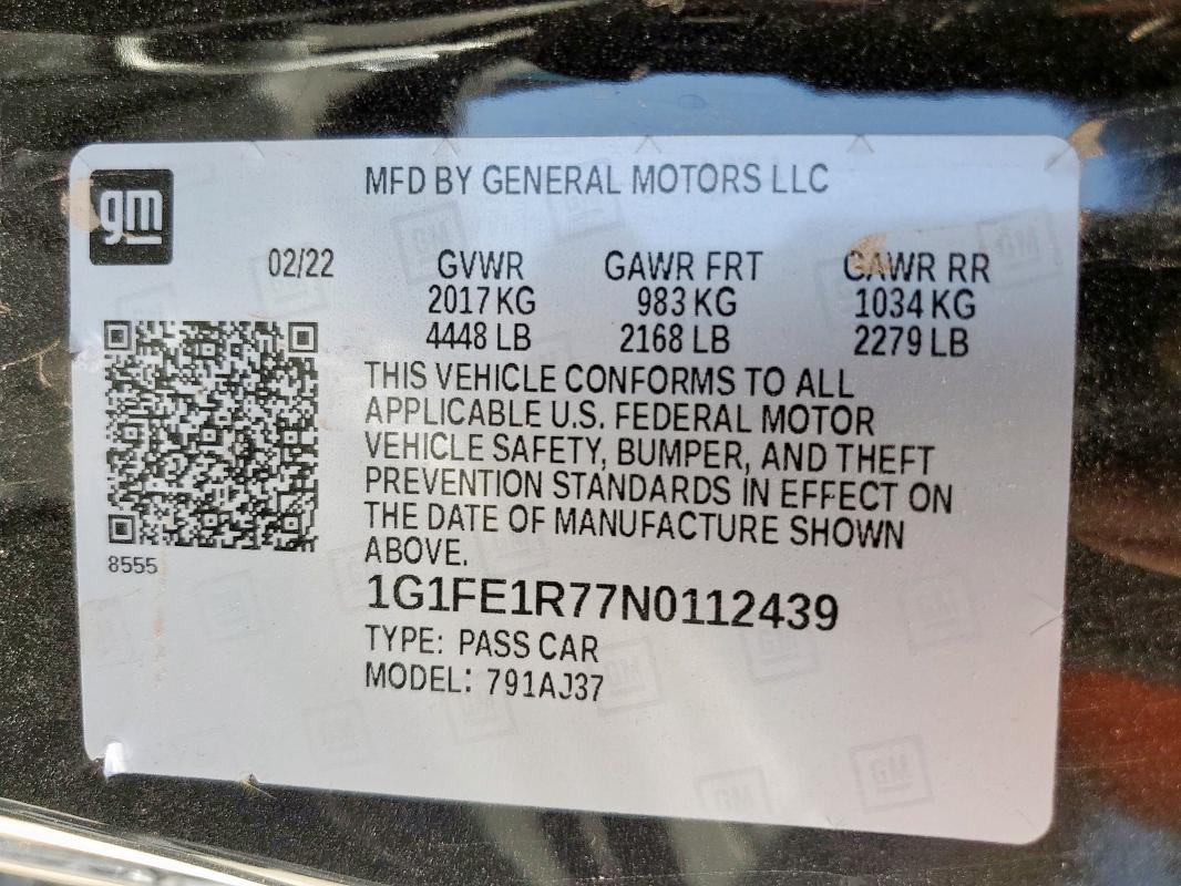 2022 CHEVROLET CAMARO LT1 1G1FE1R77N0112439