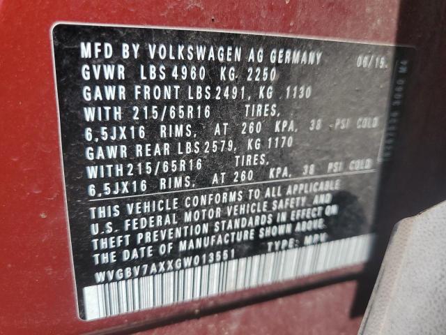 2016 VOLKSWAGEN TIGUAN S WVGBV7AXXGW013551