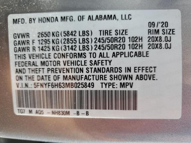 2021 HONDA PILOT TOUR 5FNYF6H63MB025849