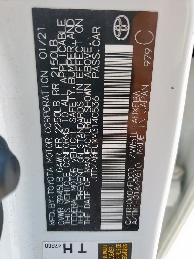 2021 TOYOTA PRIUS SPEC JTDKAMFUXM3140536