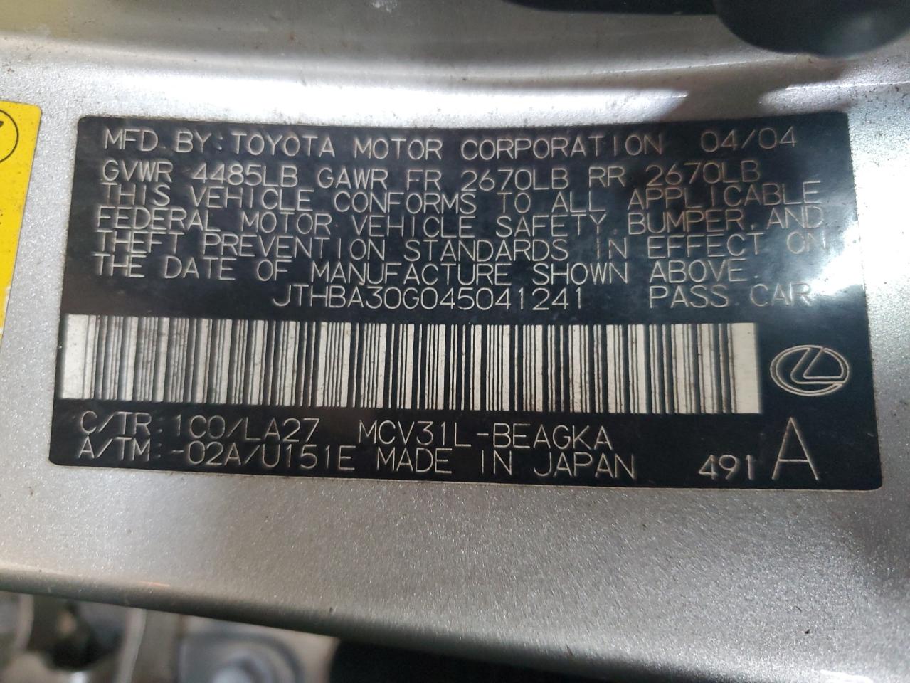 Lot #3202667307 2004 LEXUS ES 330