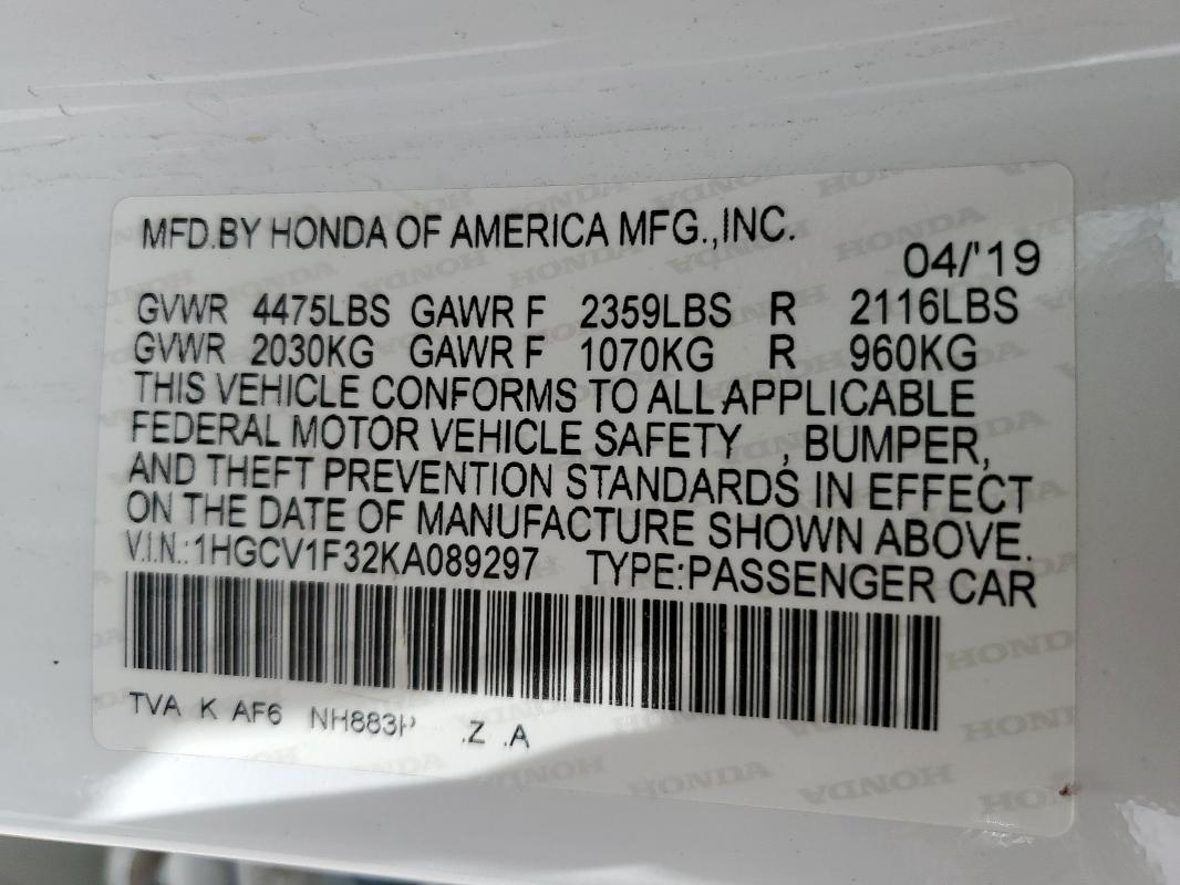 2019 HONDA ACCORD SPORT 1HGCV1F32KA089297