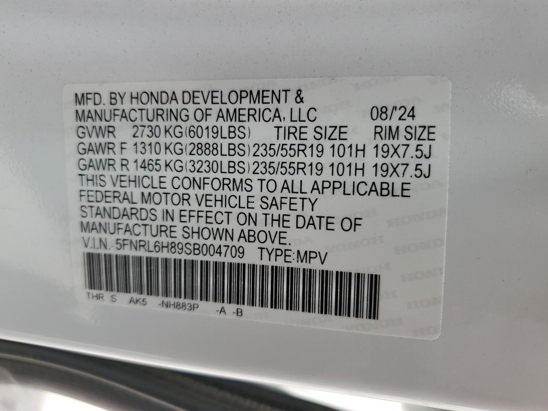 2025 HONDA ODYSSEY TO 5FNRL6H89SB004709