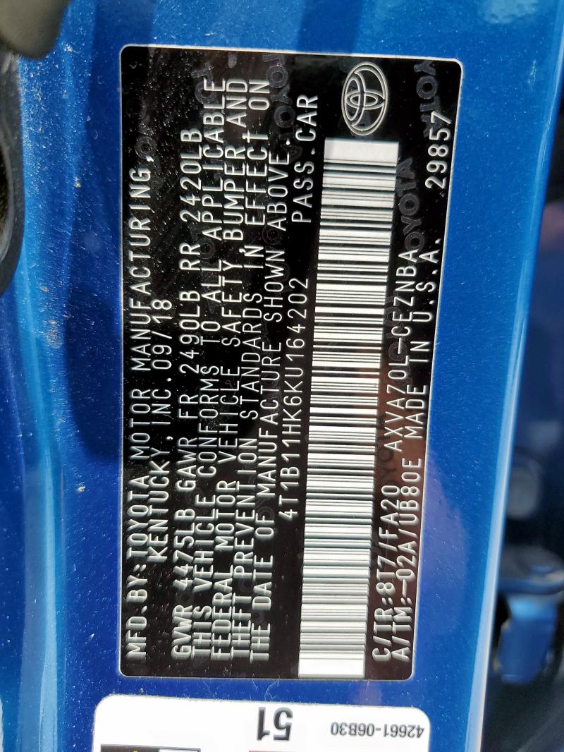2019 TOYOTA CAMRY - 4T1B11HK6KU164202