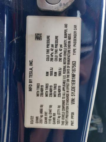 2022 TESLA MODEL 3 5YJ3E1EB1NF187563