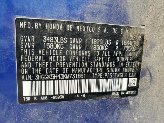 2019 HONDA FIT LX 3HGGK5H43KM731861