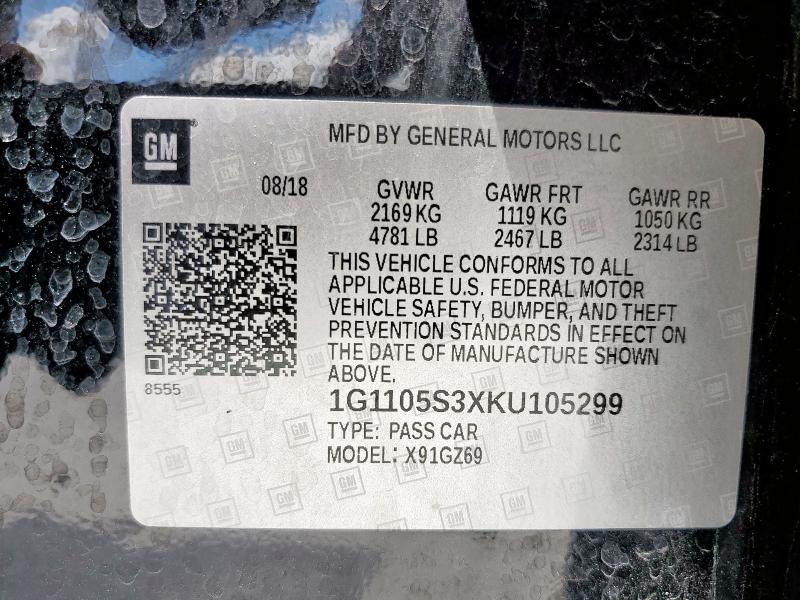 2019 CHEVROLET IMPALA PRE 1G1105S3XKU105299