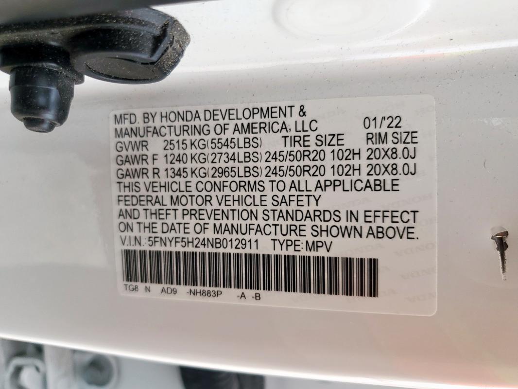 2022 HONDA PILOT SE 5FNYF5H24NB012911