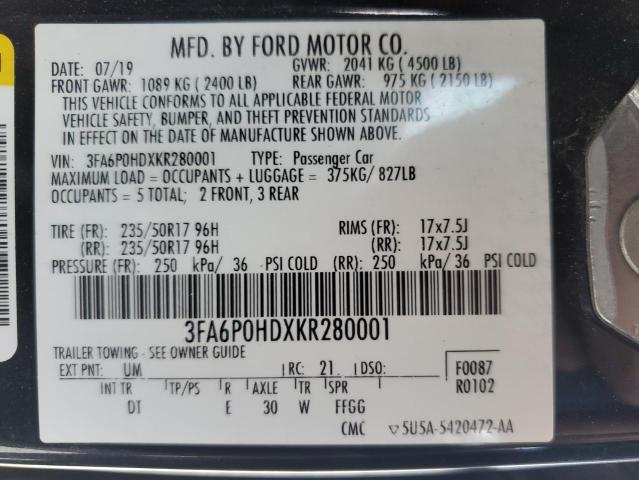 2019 FORD FUSION SE - 3FA6P0HDXKR280001