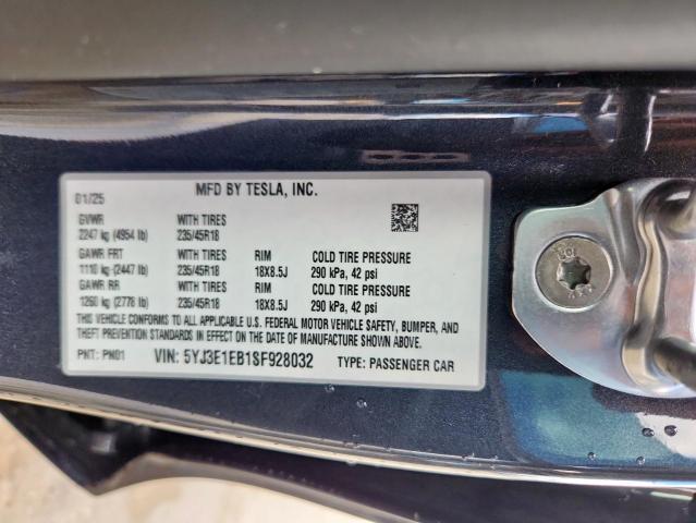 2025 TESLA MODEL 3 5YJ3E1EB1SF928032