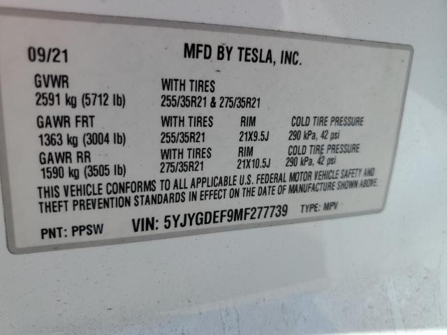 2021 TESLA MODEL Y 5YJYGDEF9MF277739