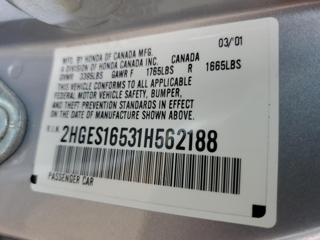 Lot #3205038122 2001 HONDA CIVIC LX