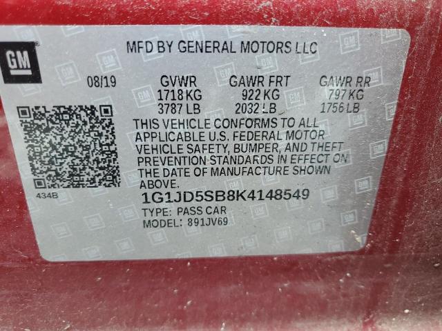 2019 CHEVROLET SONIC LT 1G1JD5SB8K4148549